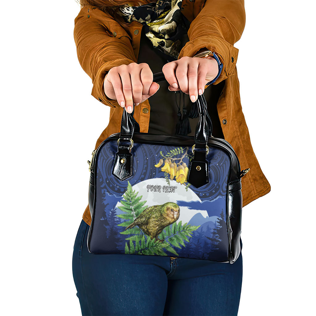 Kakapo New Zealand Personalised Shoulder Handbag Kowhai Flower Silver Fern Maori Pattern LT22 One Size Blue - Polynesian Pride