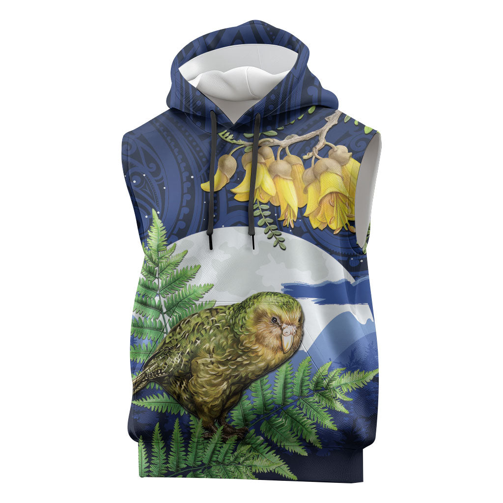 Kakapo New Zealand Personalised Sleeveless Hoodie Kowhai Flower Silver Fern Maori Pattern LT22 Blue - Polynesian Pride