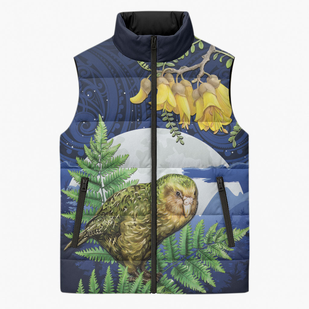 Kakapo New Zealand Personalised Sleeveless Puffer Jacket Kowhai Flower Silver Fern Maori Pattern LT22 Unisex Blue - Polynesian Pride