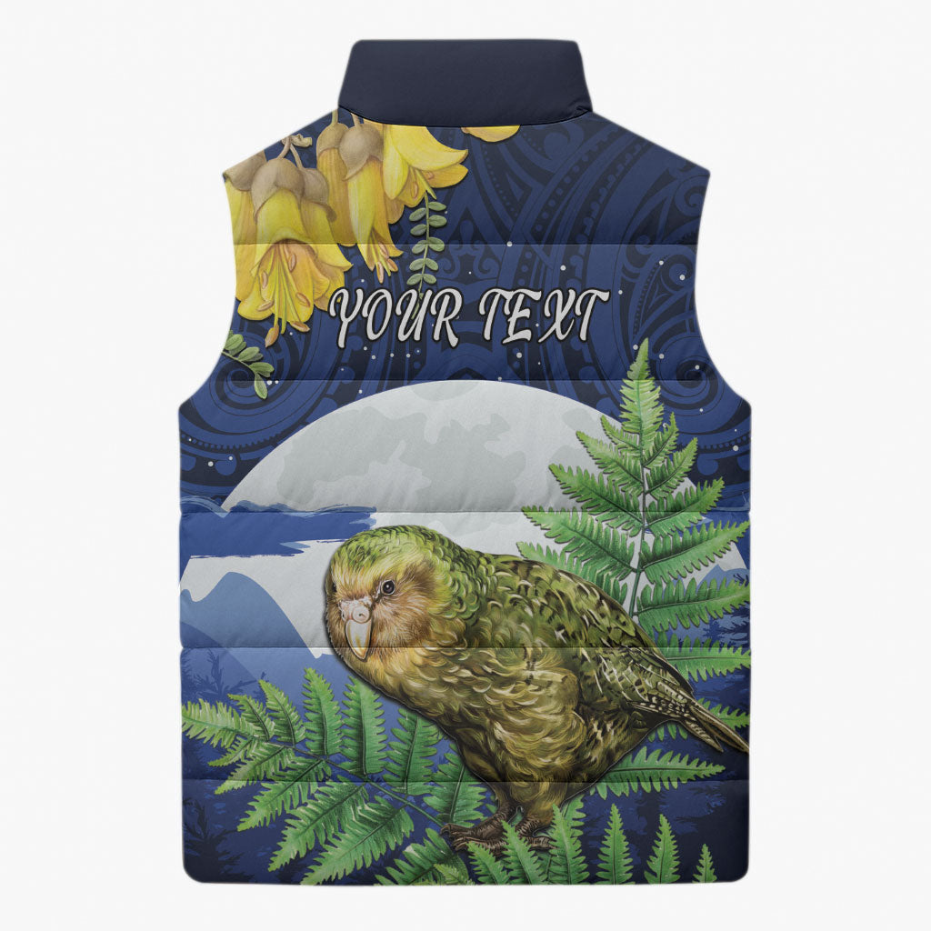 Kakapo New Zealand Personalised Sleeveless Puffer Jacket Kowhai Flower Silver Fern Maori Pattern LT22 - Polynesian Pride