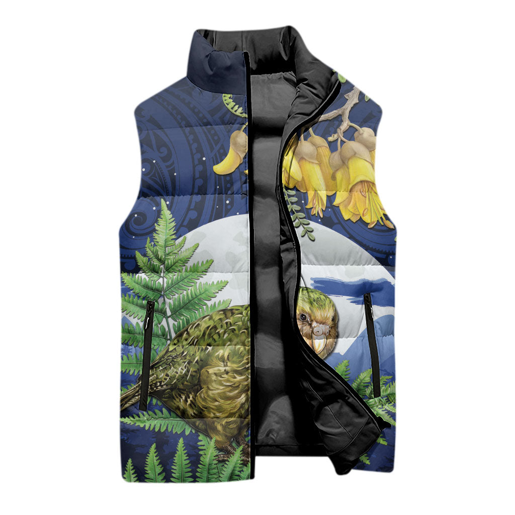 Kakapo New Zealand Personalised Sleeveless Puffer Jacket Kowhai Flower Silver Fern Maori Pattern LT22 - Polynesian Pride