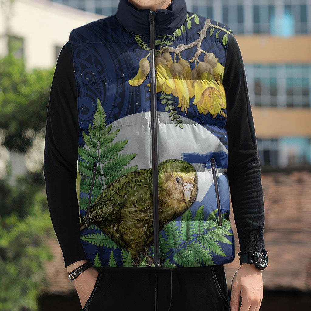 Kakapo New Zealand Personalised Sleeveless Puffer Jacket Kowhai Flower Silver Fern Maori Pattern LT22 - Polynesian Pride