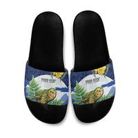 Kakapo New Zealand Personalised Slide Sandals Kowhai Flower Silver Fern Maori Pattern LT22 Blue - Polynesian Pride