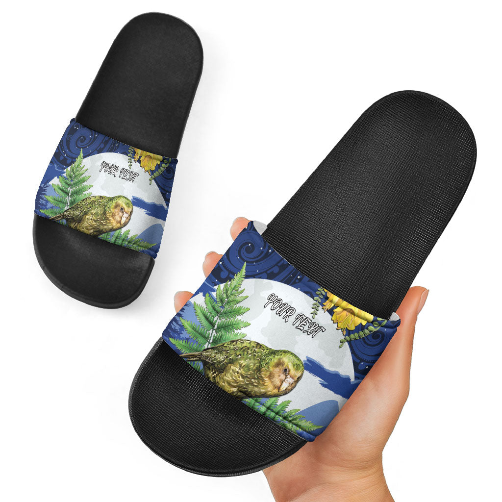 Kakapo New Zealand Personalised Slide Sandals Kowhai Flower Silver Fern Maori Pattern LT22 - Polynesian Pride