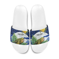 Kakapo New Zealand Personalised Slide Sandals Kowhai Flower Silver Fern Maori Pattern LT22 Blue - Polynesian Pride