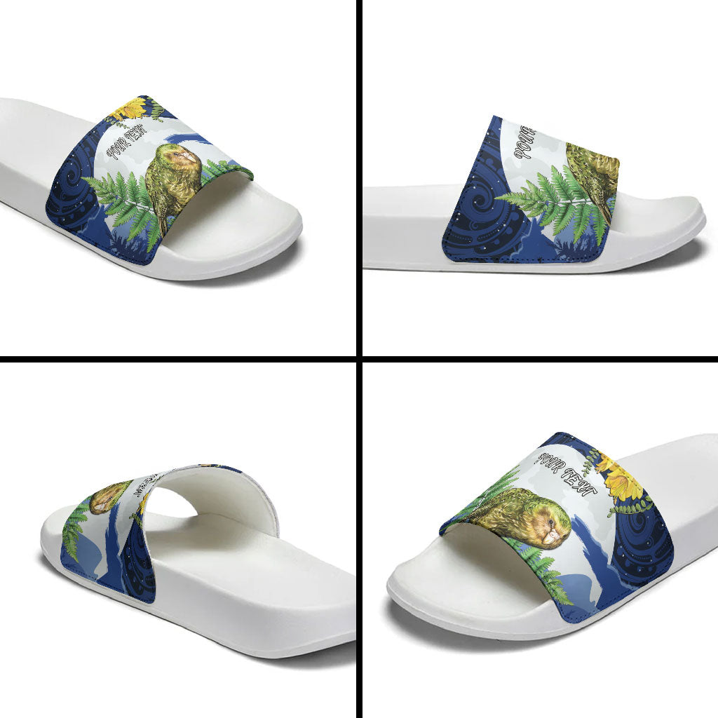 Kakapo New Zealand Personalised Slide Sandals Kowhai Flower Silver Fern Maori Pattern LT22 - Polynesian Pride