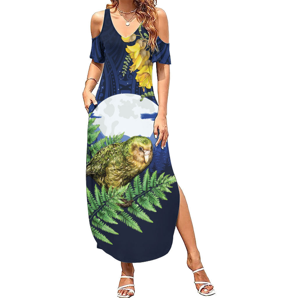 Kakapo New Zealand Personalised Summer Maxi Dress Kowhai Flower Silver Fern Maori Pattern LT22 Women Blue - Polynesian Pride