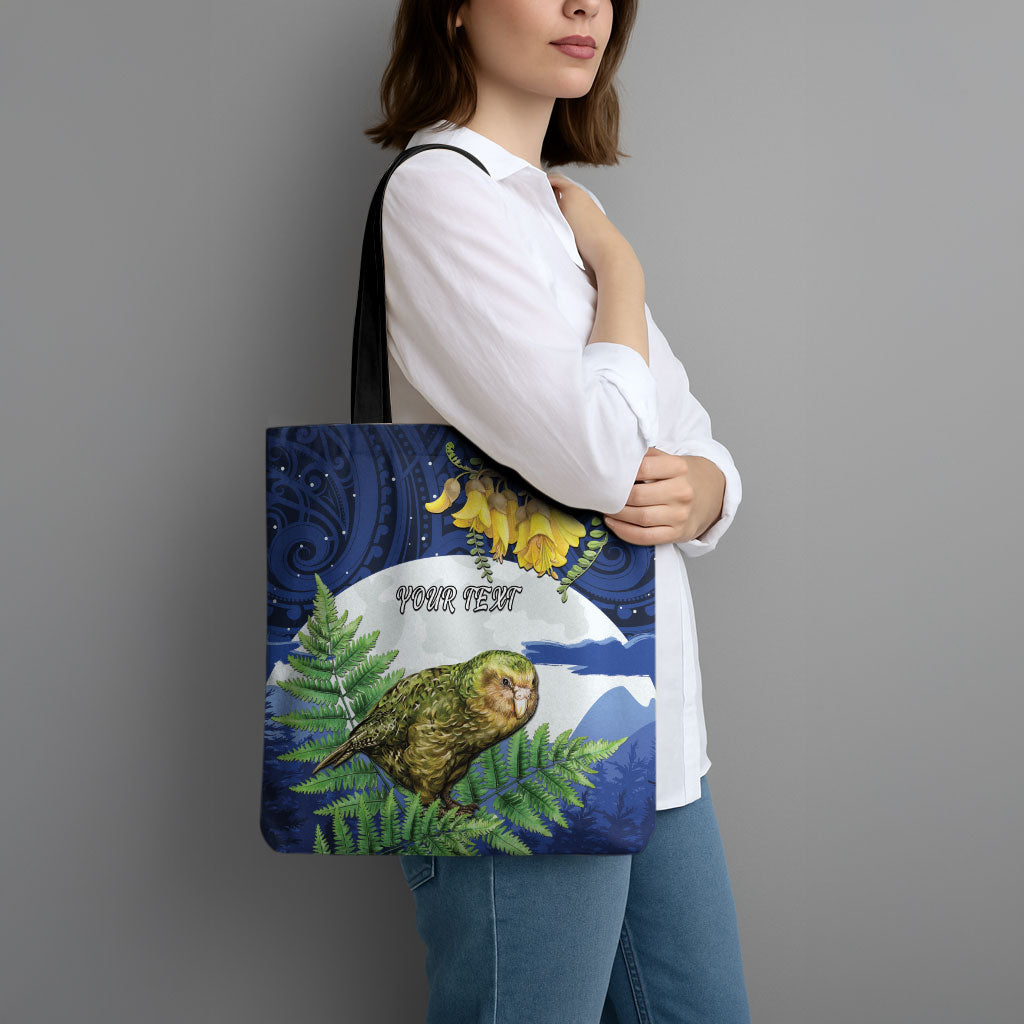 Kakapo New Zealand Personalised Tote Bag Kowhai Flower Silver Fern Maori Pattern