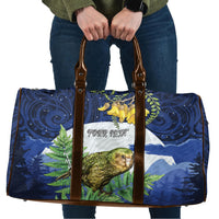 Kakapo New Zealand Personalised Travel Bag Kowhai Flower Silver Fern Maori Pattern LT22 Blue - Polynesian Pride