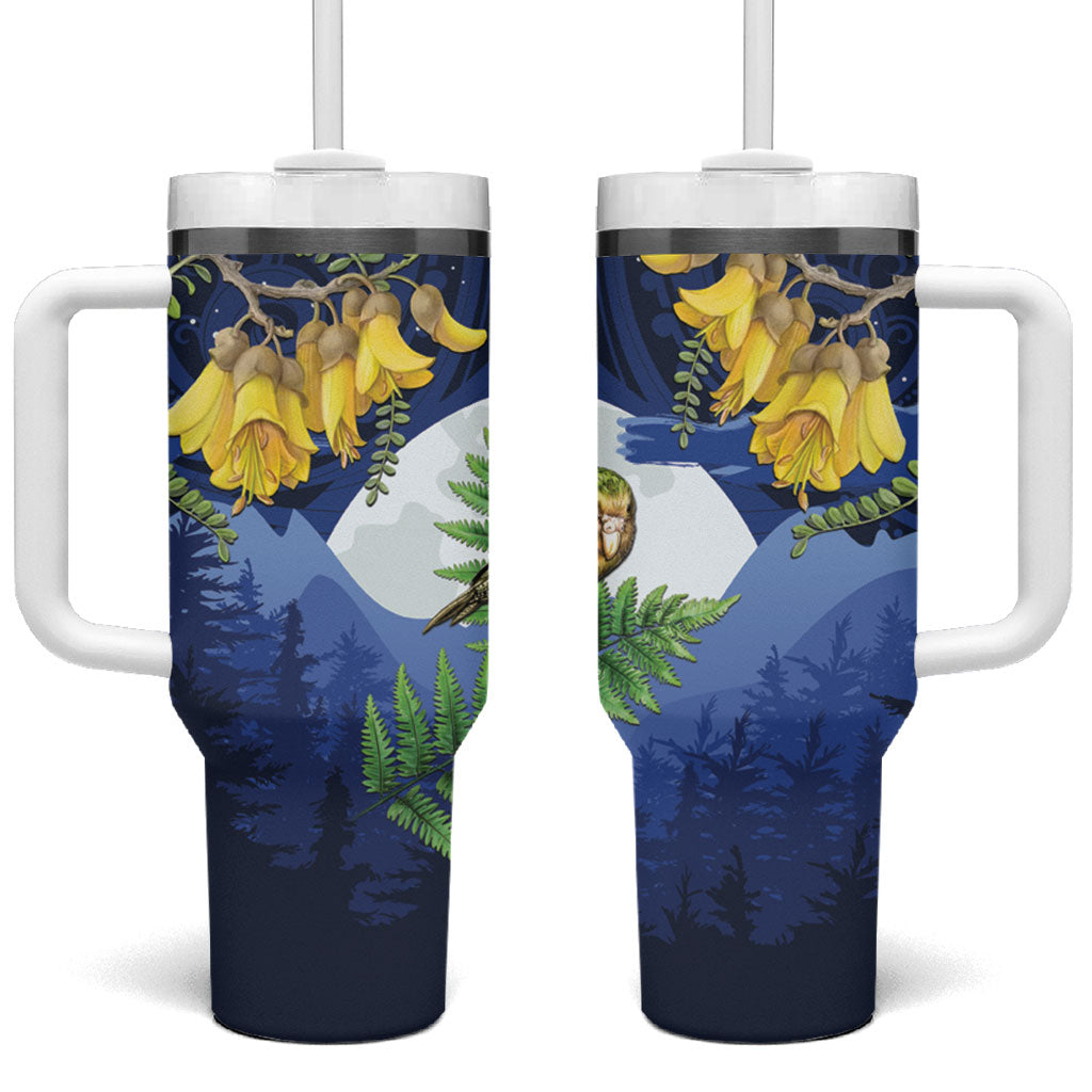 Kakapo New Zealand Personalised Tumbler With Handle Kowhai Flower Silver Fern Maori Pattern