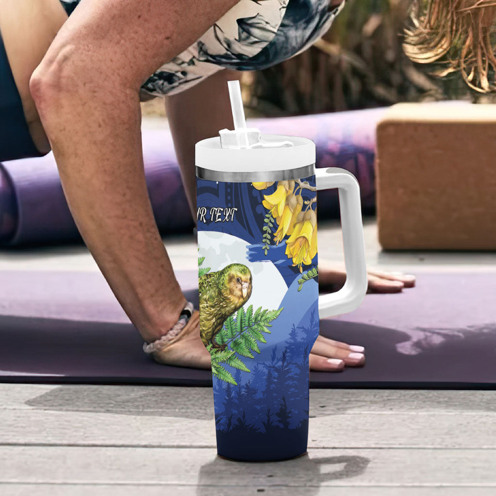 Kakapo New Zealand Personalised Tumbler With Handle Kowhai Flower Silver Fern Maori Pattern