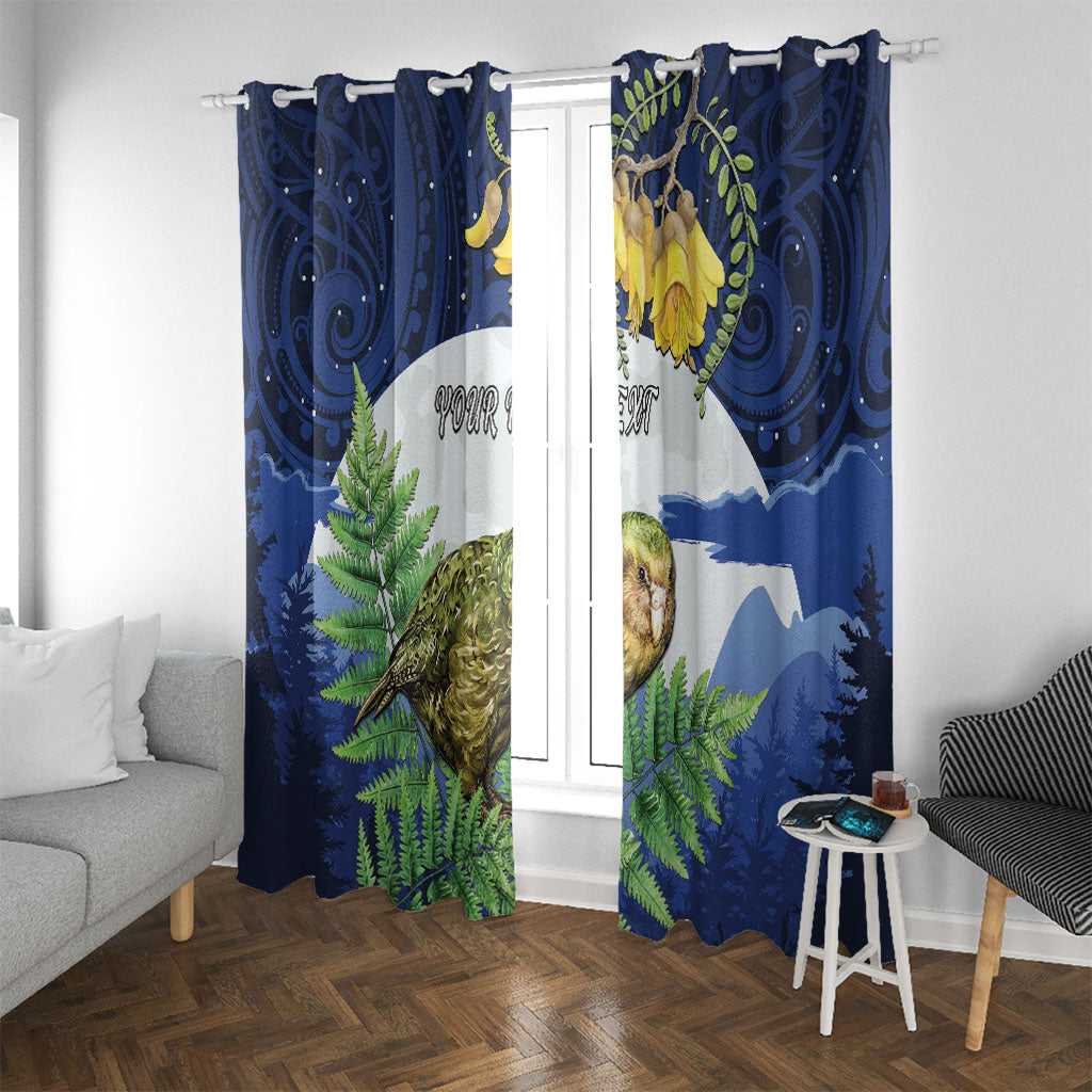 Kakapo New Zealand Personalised Window Curtain Kowhai Flower Silver Fern Maori Pattern LT22 With Grommets Blue - Polynesian Pride