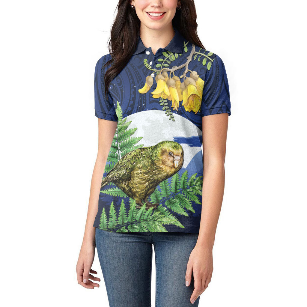 Kakapo New Zealand Personalised Women Polo Shirt Kowhai Flower Silver Fern Maori Pattern