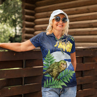 Kakapo New Zealand Personalised Women Polo Shirt Kowhai Flower Silver Fern Maori Pattern