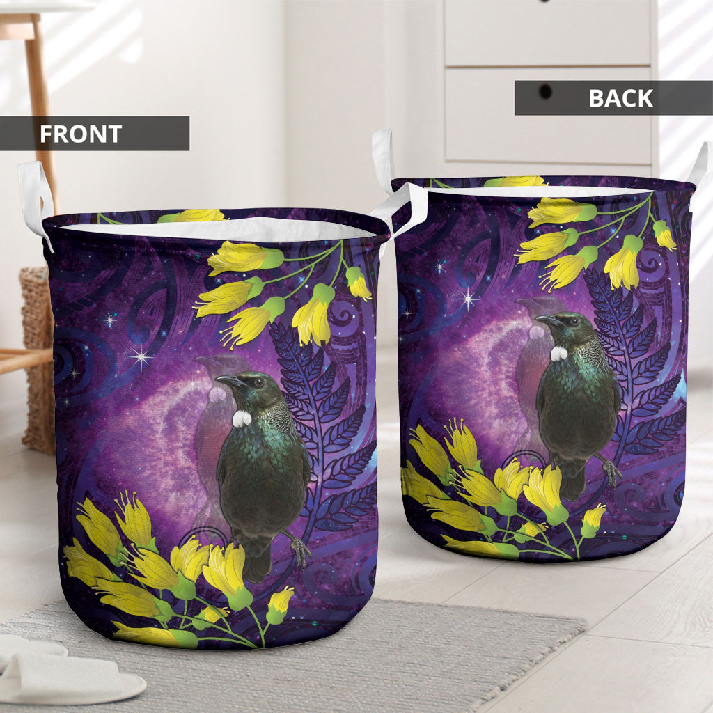 New Zealand Tui Bird Matariki Laundry Basket Kowhai Flower Silver Fern Galaxy Maori Pattern LT22 - Polynesian Pride