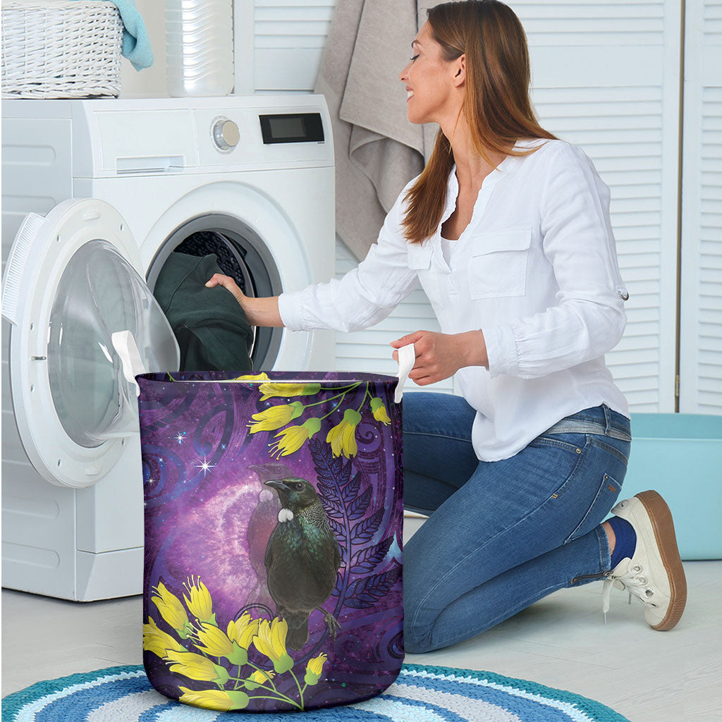 New Zealand Tui Bird Matariki Laundry Basket Kowhai Flower Silver Fern Galaxy Maori Pattern LT22 - Polynesian Pride