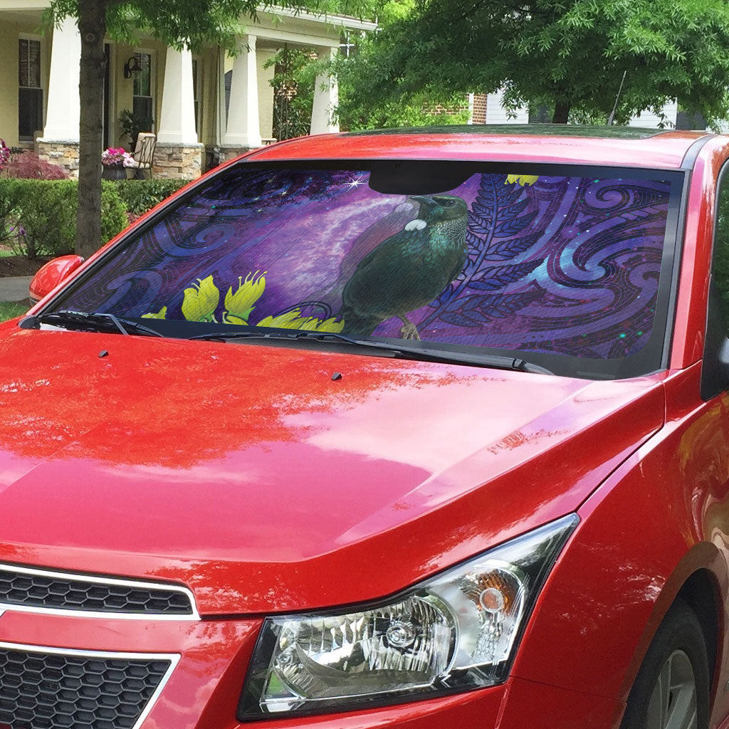 New Zealand Tui Bird Matariki Auto Sun Shade Kowhai Flower Silver Fern Galaxy Maori Pattern LT22 - Polynesian Pride