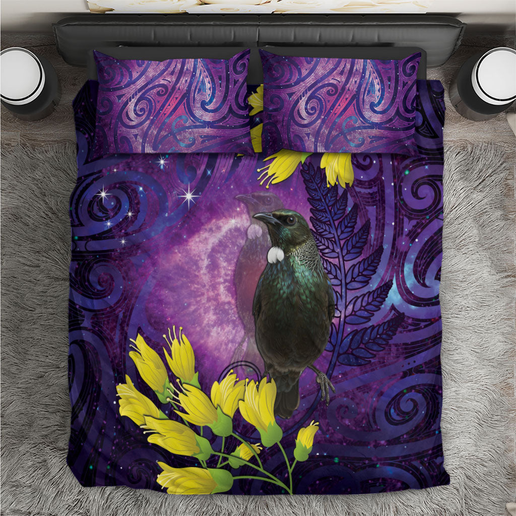 New Zealand Tui Bird Matariki Bedding Set Kowhai Flower Silver Fern Galaxy Maori Pattern