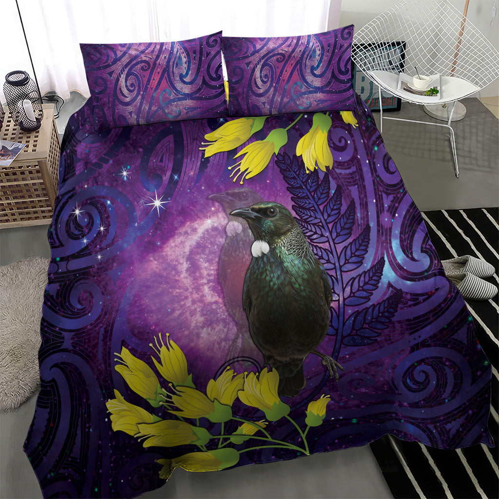 New Zealand Tui Bird Matariki Bedding Set Kowhai Flower Silver Fern Galaxy Maori Pattern