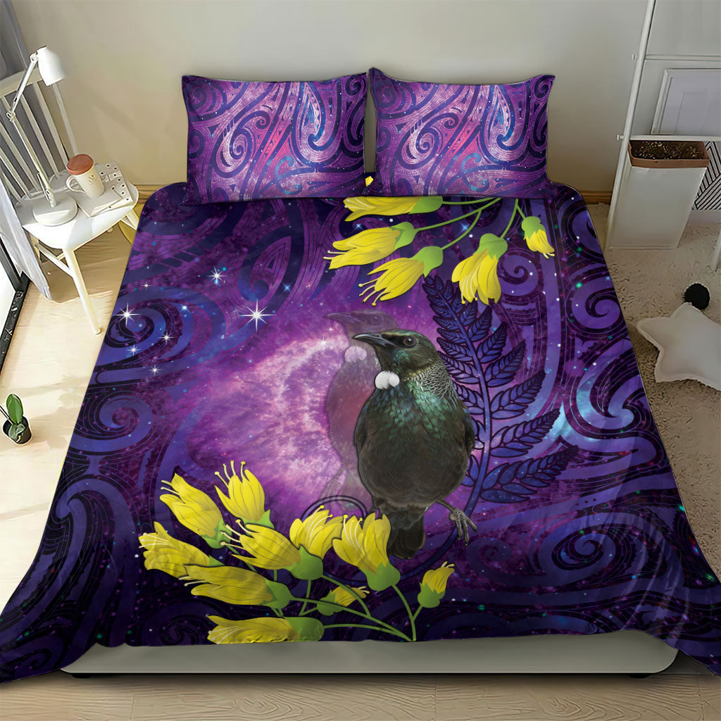 New Zealand Tui Bird Matariki Bedding Set Kowhai Flower Silver Fern Galaxy Maori Pattern