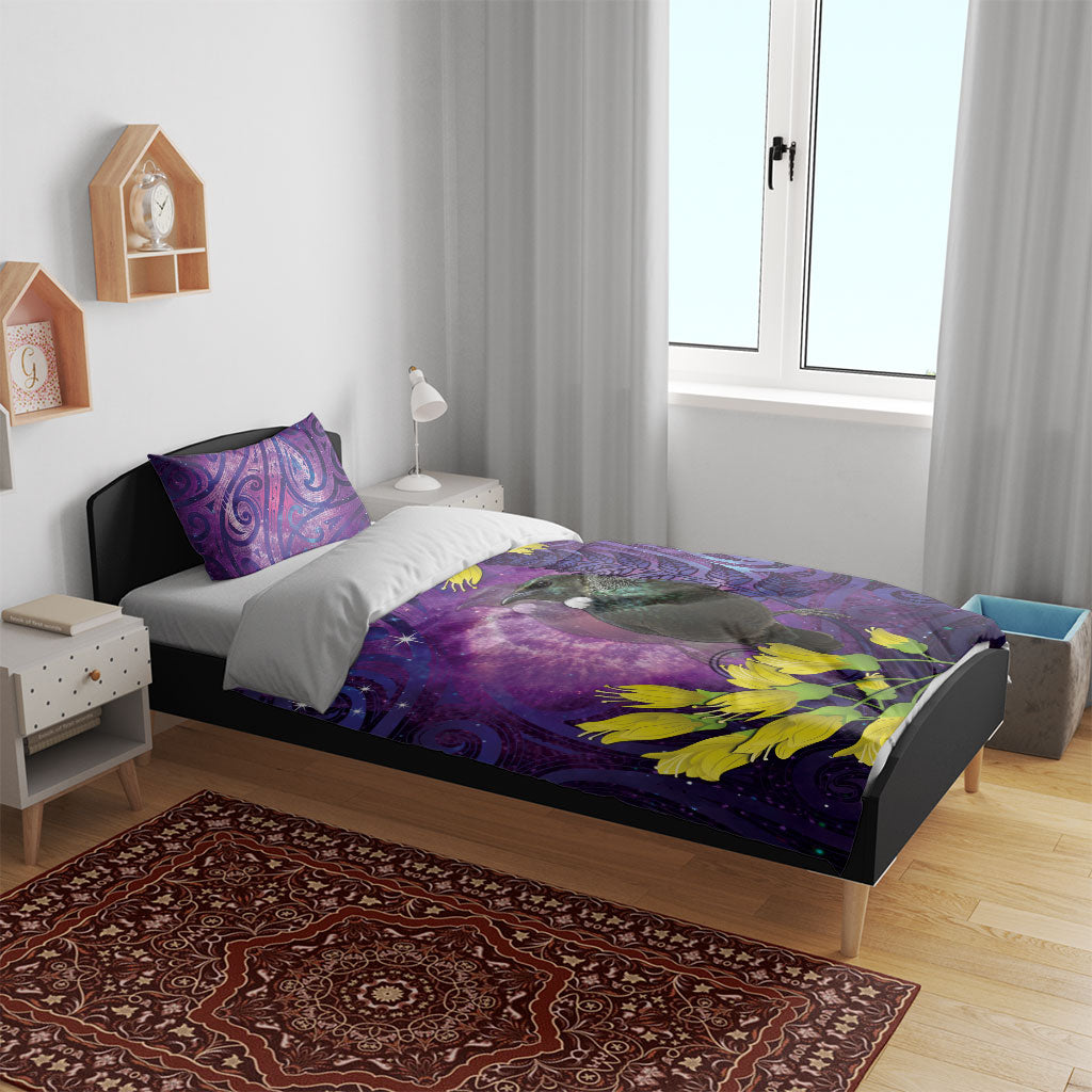 New Zealand Tui Bird Matariki Bedding Set Kowhai Flower Silver Fern Galaxy Maori Pattern