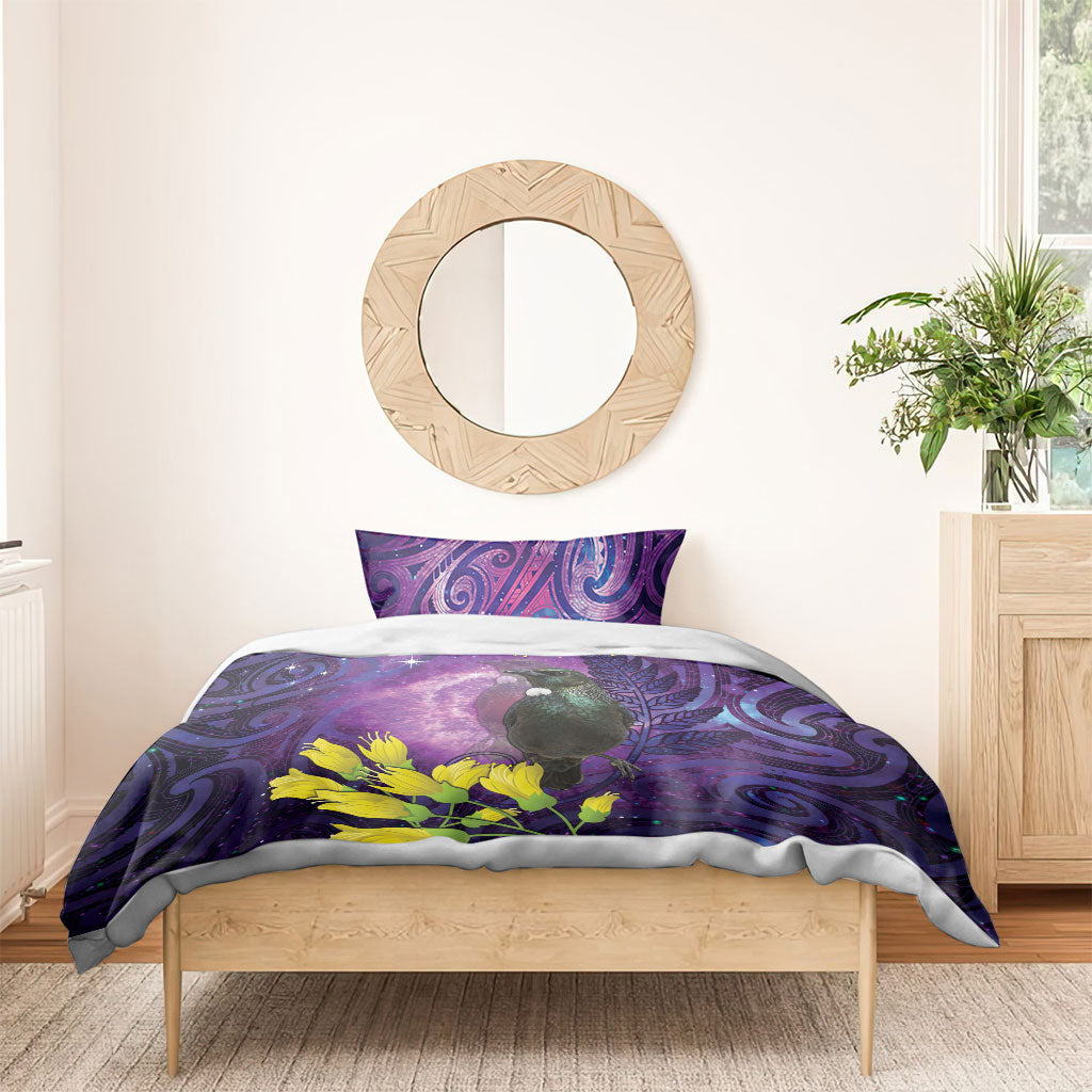 New Zealand Tui Bird Matariki Bedding Set Kowhai Flower Silver Fern Galaxy Maori Pattern