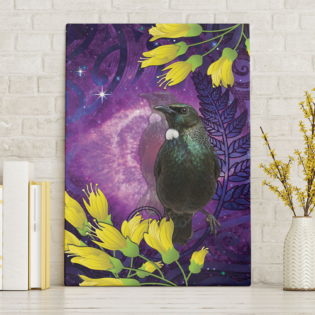 New Zealand Tui Bird Matariki Canvas Wall Art Kowhai Flower Silver Fern Galaxy Maori Pattern LT22 Without Frame Purple - Polynesian Pride