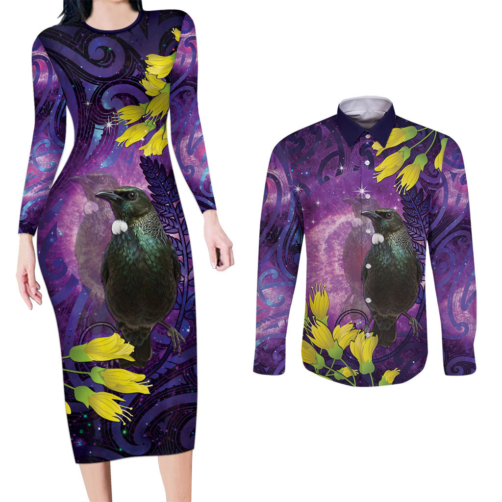 New Zealand Tui Bird Matariki Couples Matching Long Sleeve Bodycon Dress and Long Sleeve Button Shirt Kowhai Flower Silver Fern Galaxy Maori Pattern