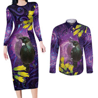 New Zealand Tui Bird Matariki Couples Matching Long Sleeve Bodycon Dress and Long Sleeve Button Shirt Kowhai Flower Silver Fern Galaxy Maori Pattern