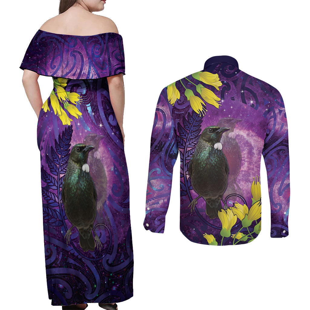 New Zealand Tui Bird Matariki Couples Matching Off Shoulder Maxi Dress and Long Sleeve Button Shirt Kowhai Flower Silver Fern Galaxy Maori Pattern