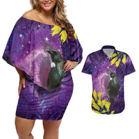 New Zealand Tui Bird Matariki Couples Matching Off Shoulder Short Dress and Hawaiian Shirt Kowhai Flower Silver Fern Galaxy Maori Pattern