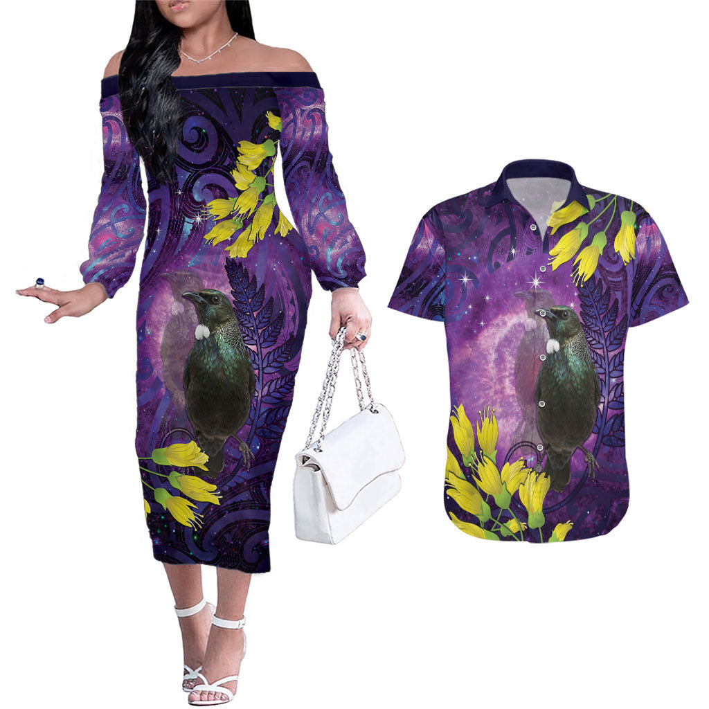 New Zealand Tui Bird Matariki Couples Matching Off The Shoulder Long Sleeve Dress and Hawaiian Shirt Kowhai Flower Silver Fern Galaxy Maori Pattern