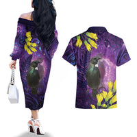 New Zealand Tui Bird Matariki Couples Matching Off The Shoulder Long Sleeve Dress and Hawaiian Shirt Kowhai Flower Silver Fern Galaxy Maori Pattern