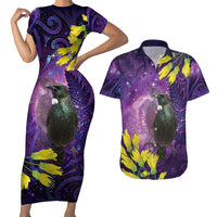 New Zealand Tui Bird Matariki Couples Matching Short Sleeve Bodycon Dress and Hawaiian Shirt Kowhai Flower Silver Fern Galaxy Maori Pattern
