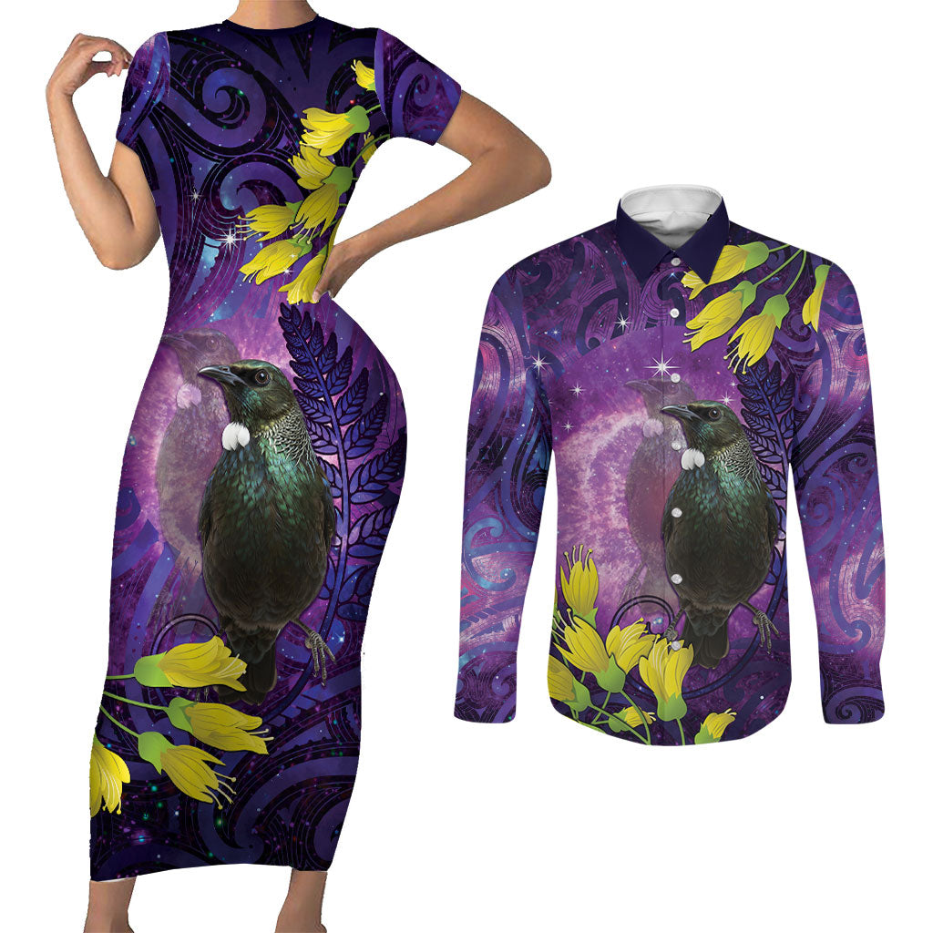 New Zealand Tui Bird Matariki Couples Matching Short Sleeve Bodycon Dress and Long Sleeve Button Shirt Kowhai Flower Silver Fern Galaxy Maori Pattern