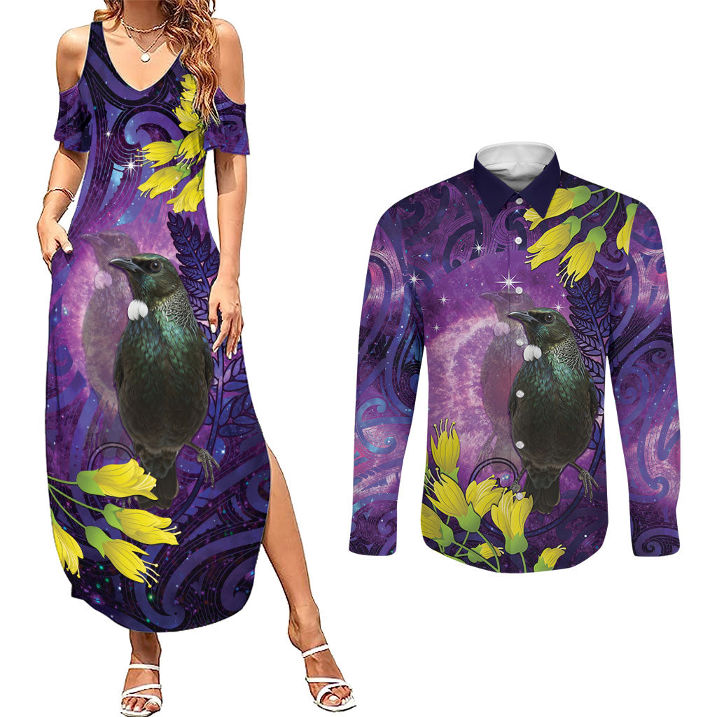 New Zealand Tui Bird Matariki Couples Matching Summer Maxi Dress and Long Sleeve Button Shirt Kowhai Flower Silver Fern Galaxy Maori Pattern
