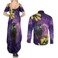 New Zealand Tui Bird Matariki Couples Matching Summer Maxi Dress and Long Sleeve Button Shirt Kowhai Flower Silver Fern Galaxy Maori Pattern