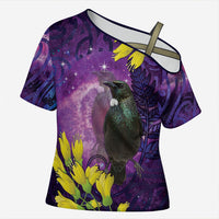 New Zealand Tui Bird Matariki Cross Shoulder Shirt Kowhai Flower Silver Fern Galaxy Maori Pattern