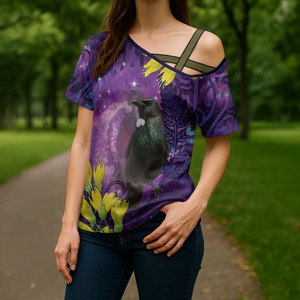 New Zealand Tui Bird Matariki Cross Shoulder Shirt Kowhai Flower Silver Fern Galaxy Maori Pattern
