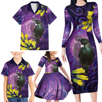 New Zealand Tui Bird Matariki Family Matching Long Sleeve Bodycon Dress and Hawaiian Shirt Kowhai Flower Silver Fern Galaxy Maori Pattern