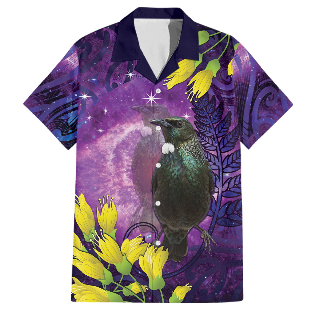 New Zealand Tui Bird Matariki Family Matching Long Sleeve Bodycon Dress and Hawaiian Shirt Kowhai Flower Silver Fern Galaxy Maori Pattern