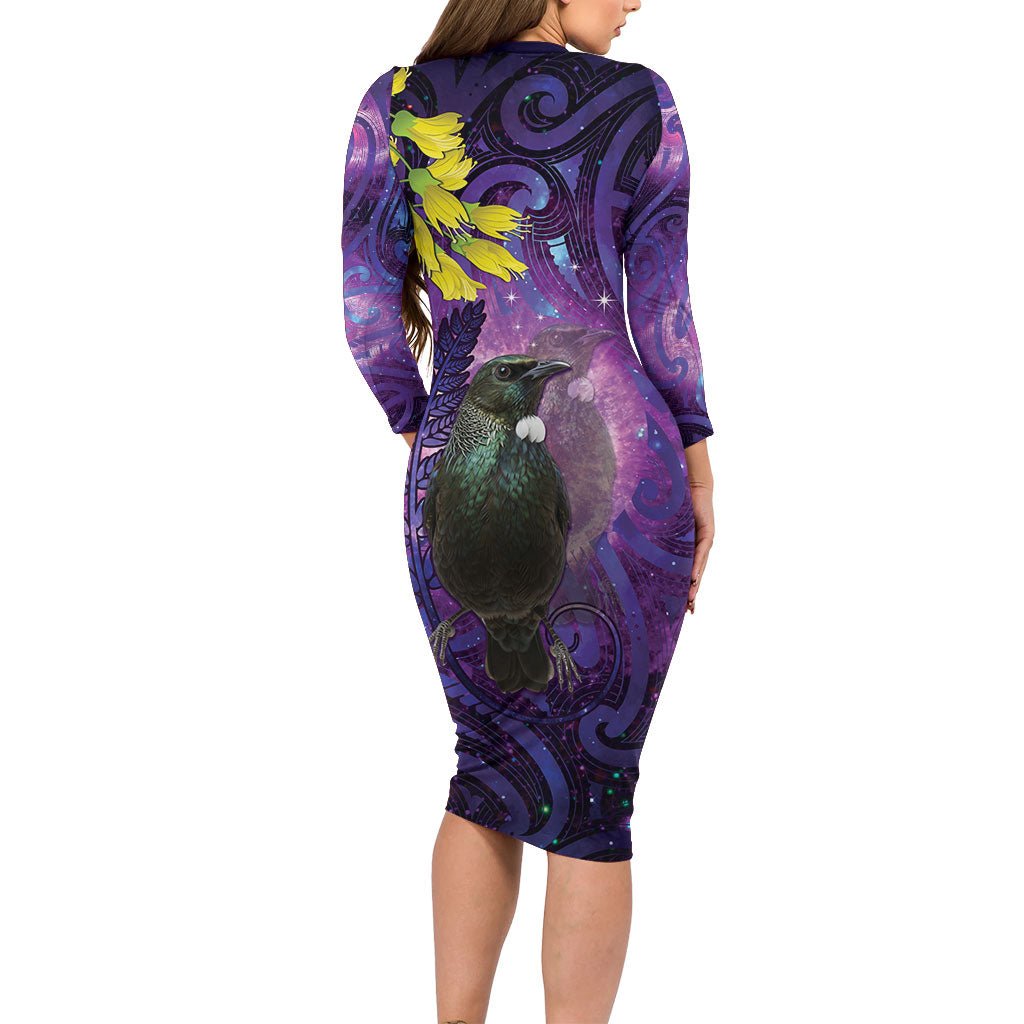 New Zealand Tui Bird Matariki Family Matching Long Sleeve Bodycon Dress and Hawaiian Shirt Kowhai Flower Silver Fern Galaxy Maori Pattern