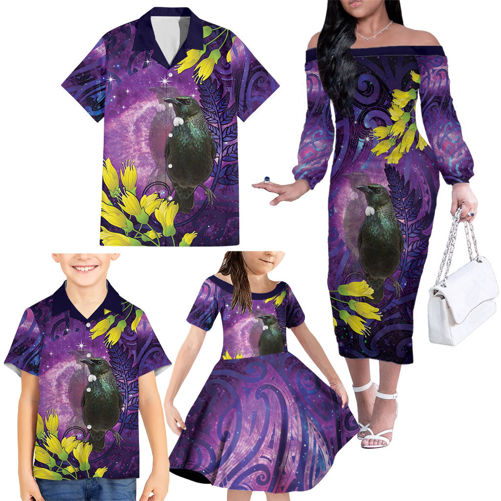 New Zealand Tui Bird Matariki Family Matching Off The Shoulder Long Sleeve Dress and Hawaiian Shirt Kowhai Flower Silver Fern Galaxy Maori Pattern LT22 - Polynesian Pride