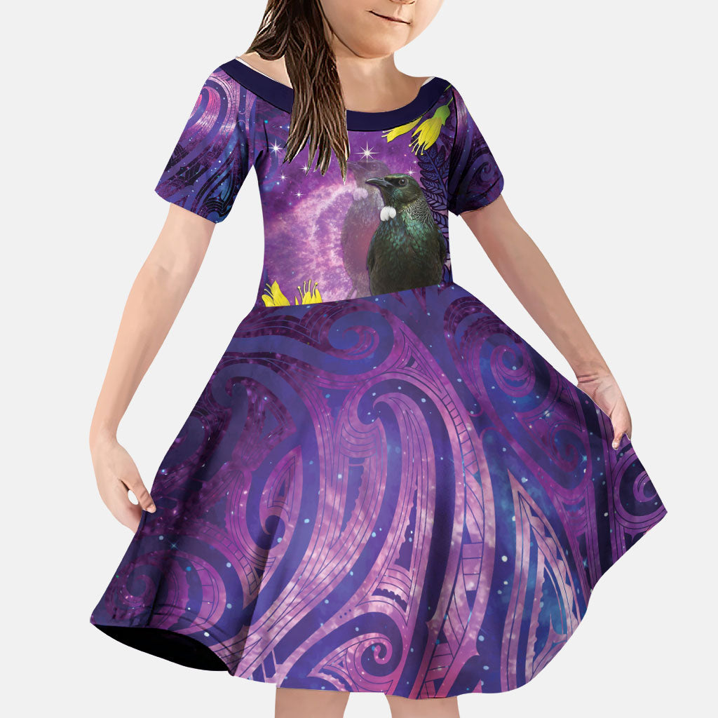 New Zealand Tui Bird Matariki Family Matching Off Shoulder Short Dress and Hawaiian Shirt Kowhai Flower Silver Fern Galaxy Maori Pattern