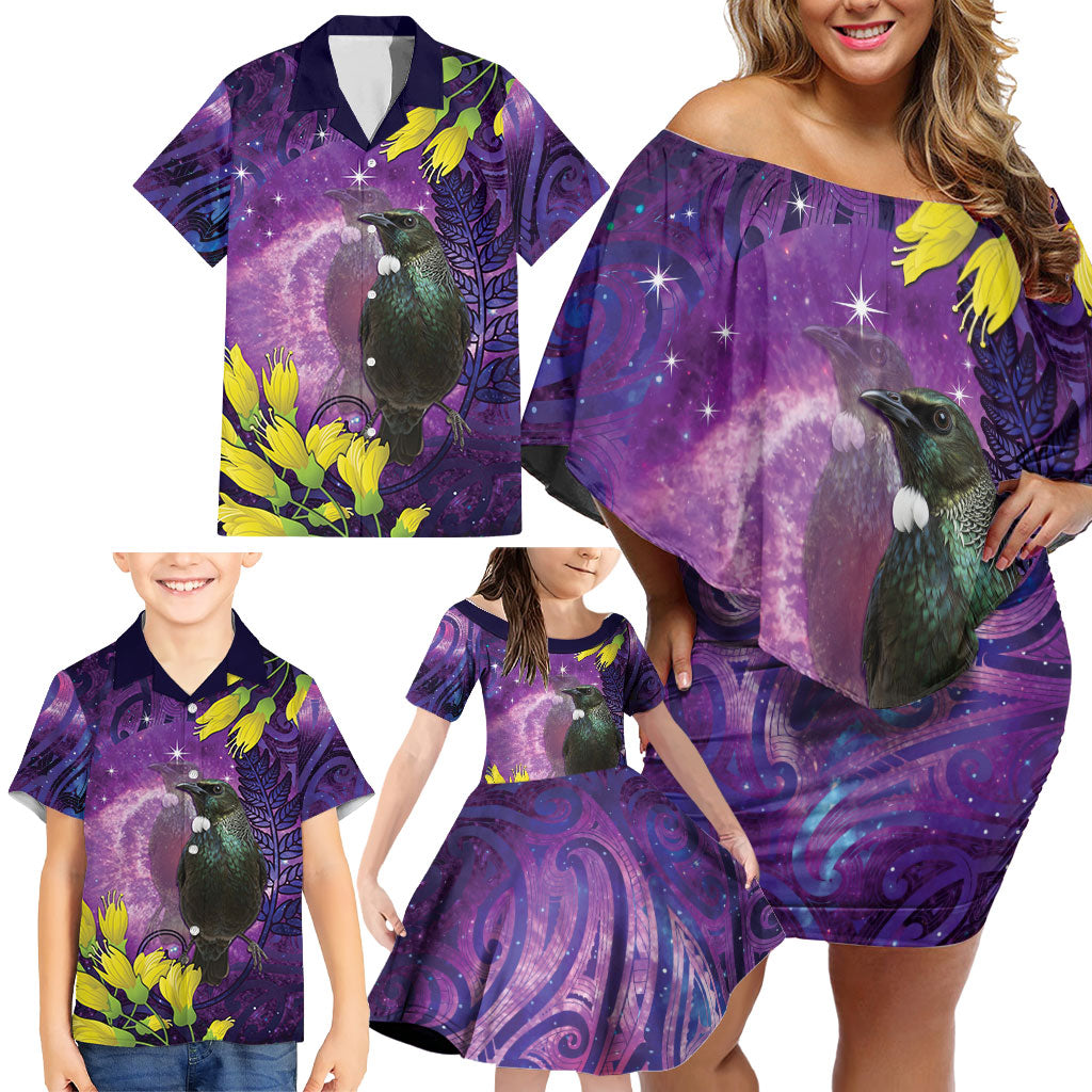 New Zealand Tui Bird Matariki Family Matching Off Shoulder Short Dress and Hawaiian Shirt Kowhai Flower Silver Fern Galaxy Maori Pattern