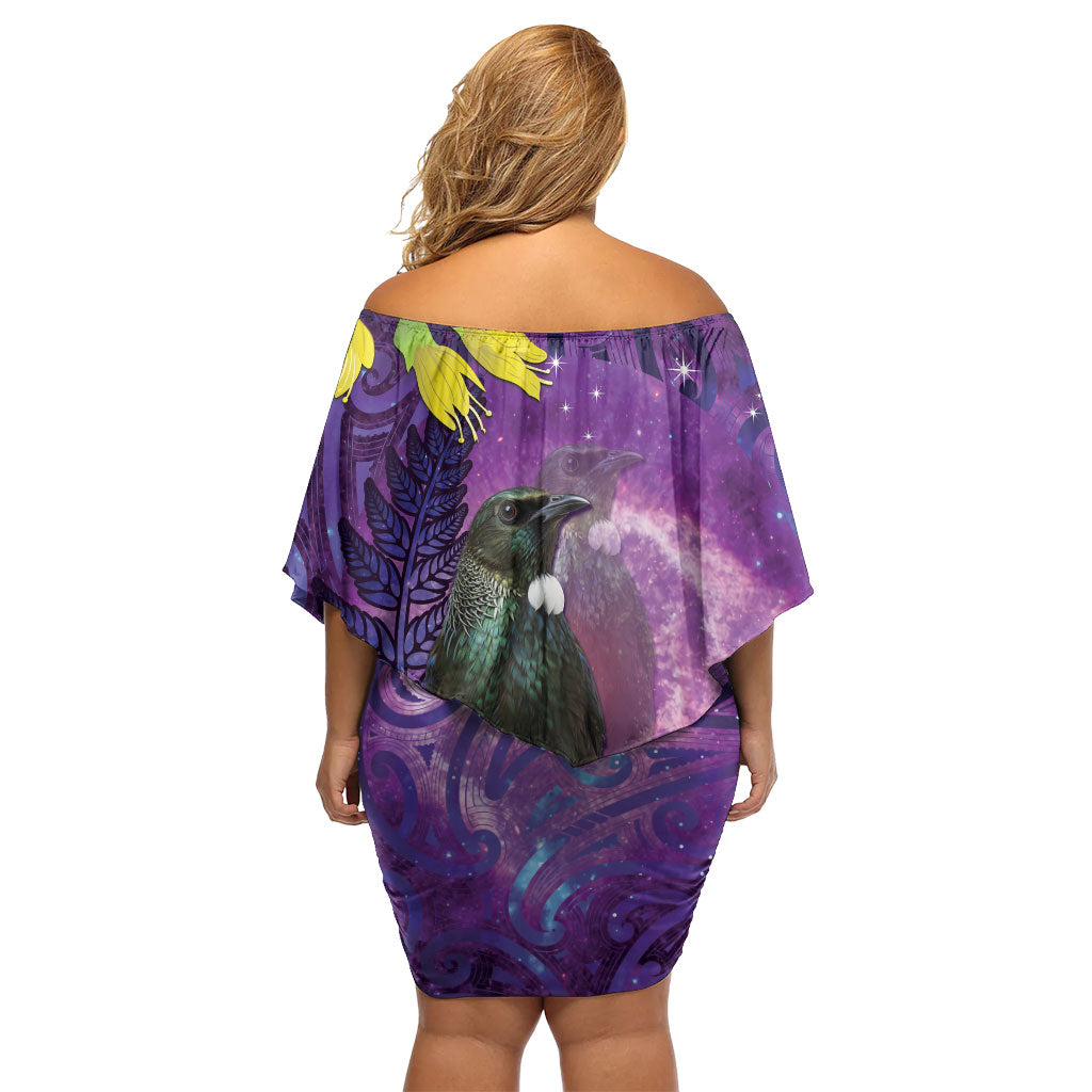New Zealand Tui Bird Matariki Family Matching Off Shoulder Short Dress and Hawaiian Shirt Kowhai Flower Silver Fern Galaxy Maori Pattern
