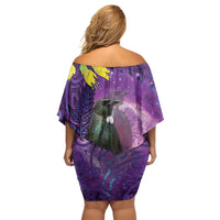 New Zealand Tui Bird Matariki Family Matching Off Shoulder Short Dress and Hawaiian Shirt Kowhai Flower Silver Fern Galaxy Maori Pattern