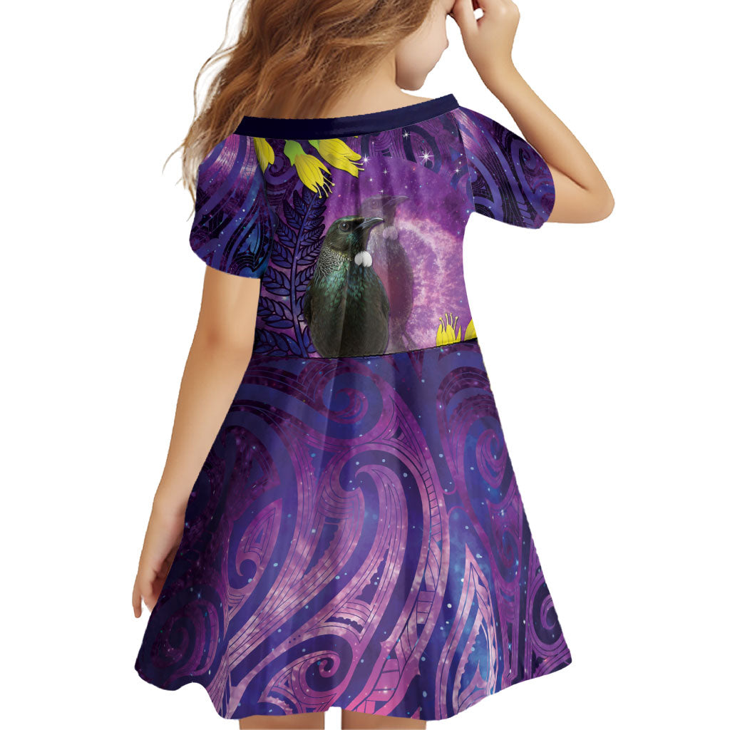New Zealand Tui Bird Matariki Family Matching Puletasi and Hawaiian Shirt Kowhai Flower Silver Fern Galaxy Maori Pattern