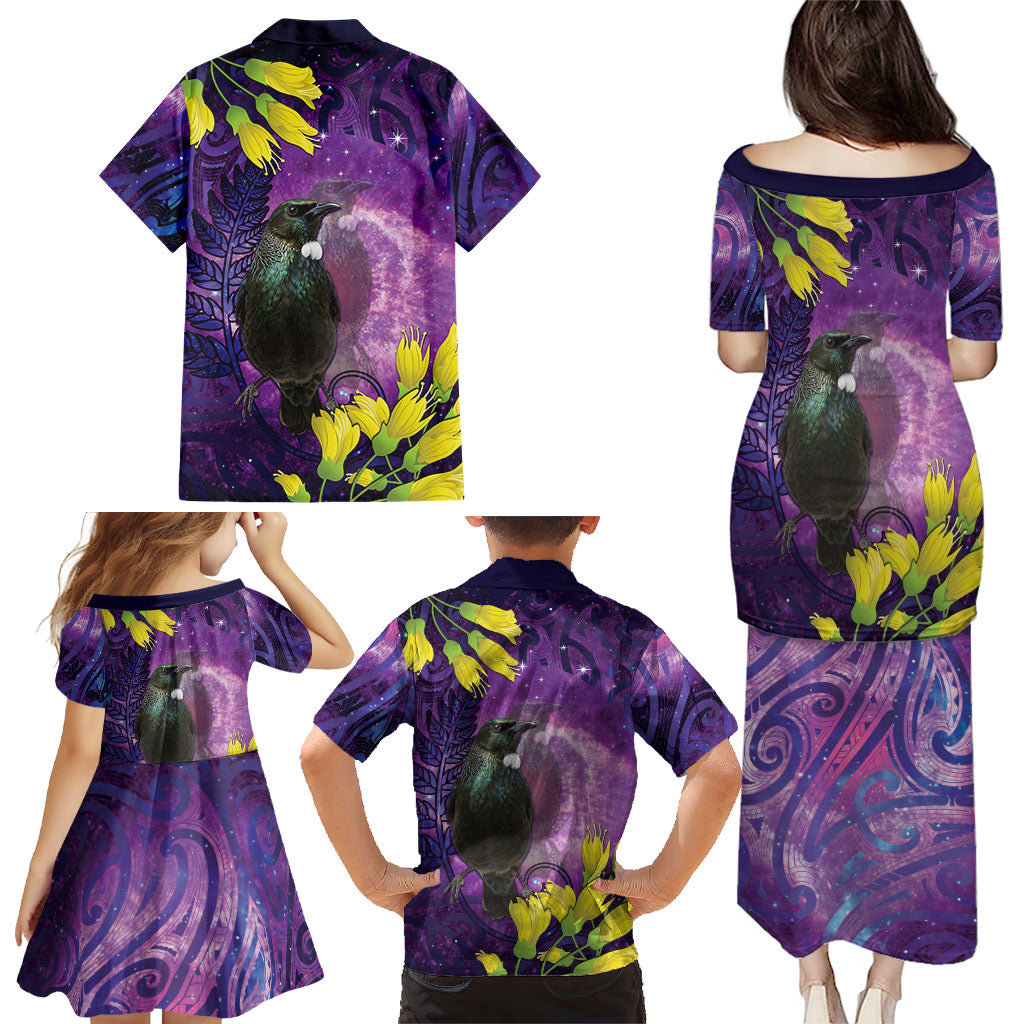 New Zealand Tui Bird Matariki Family Matching Puletasi and Hawaiian Shirt Kowhai Flower Silver Fern Galaxy Maori Pattern