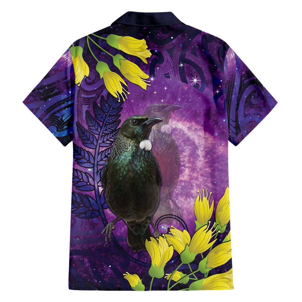 New Zealand Tui Bird Matariki Family Matching Puletasi and Hawaiian Shirt Kowhai Flower Silver Fern Galaxy Maori Pattern